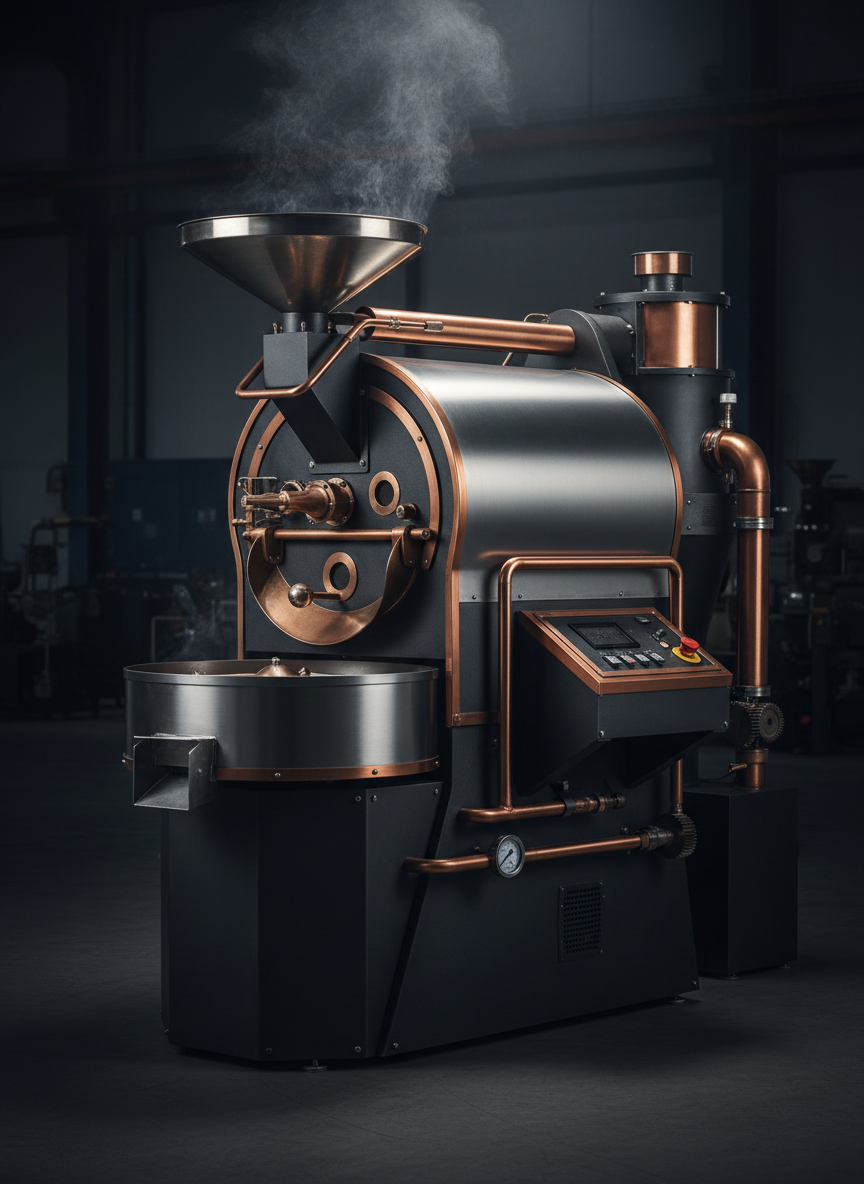 Professional industrial coffee roasting machine with stainless steel and copper detailing